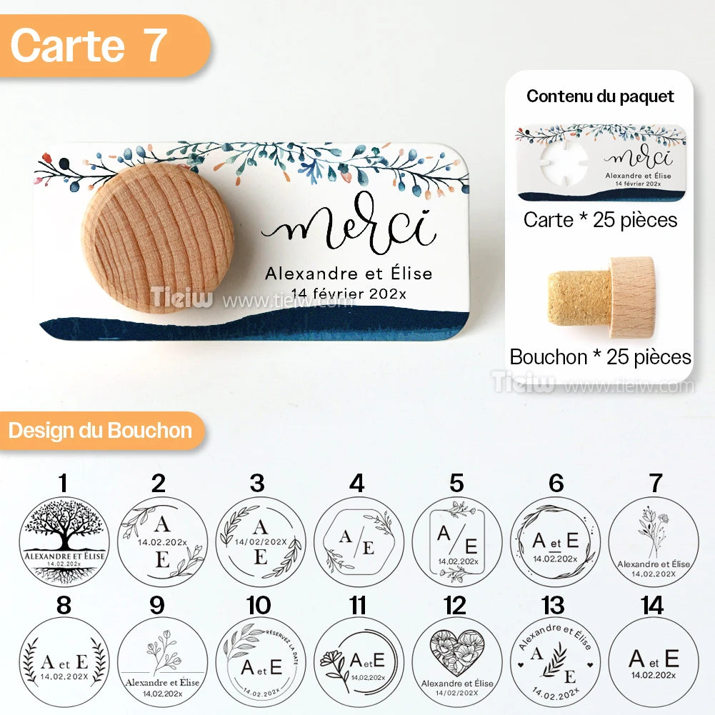 Personalized Cork bottle cap with thank you card for Marriage guests, embaved Wood thank you gifts, personalized Souvenirs for eco-friendly and rustic reception