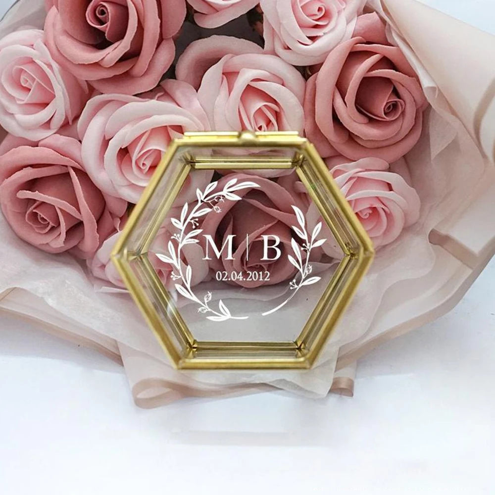 Custom Hexagonal Glass Ring Box Wedding Engagement Valentines Decoration Mr and Mrs Ring Bearer Storage Box for Ceremony