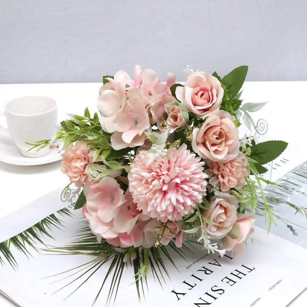 7 Heads Hydrangea Flowers Artificial Bouquet Silk Blooming Fake Peony Bridal Hand Flower Roses Wedding Centerpieces Decor