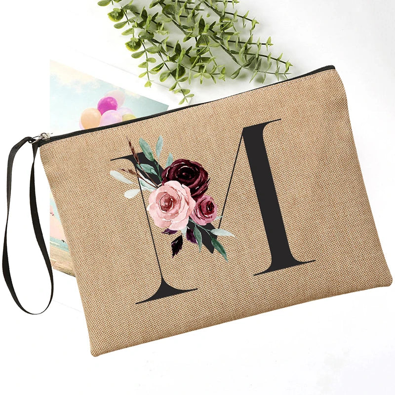 Letter Font Clutch Custom Name Letter Flower Combination Linen Lipstick Bag Travel Organizer Case Simple Wristlet Clutch Bag