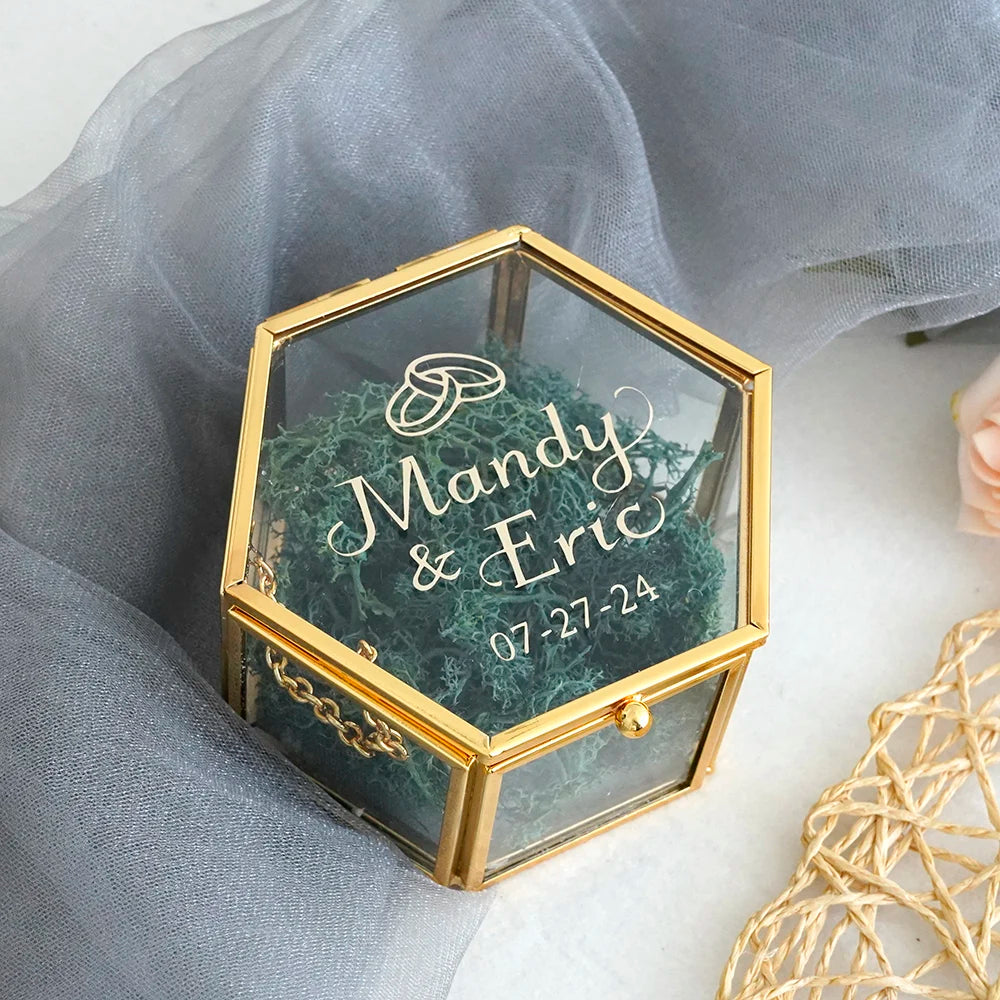Custom Glass Ring Box Wedding Engagement Decor Gold Hexagon/Rectangle Ring Box Jewelry Storage Ring Bearer Box DIY Gift
