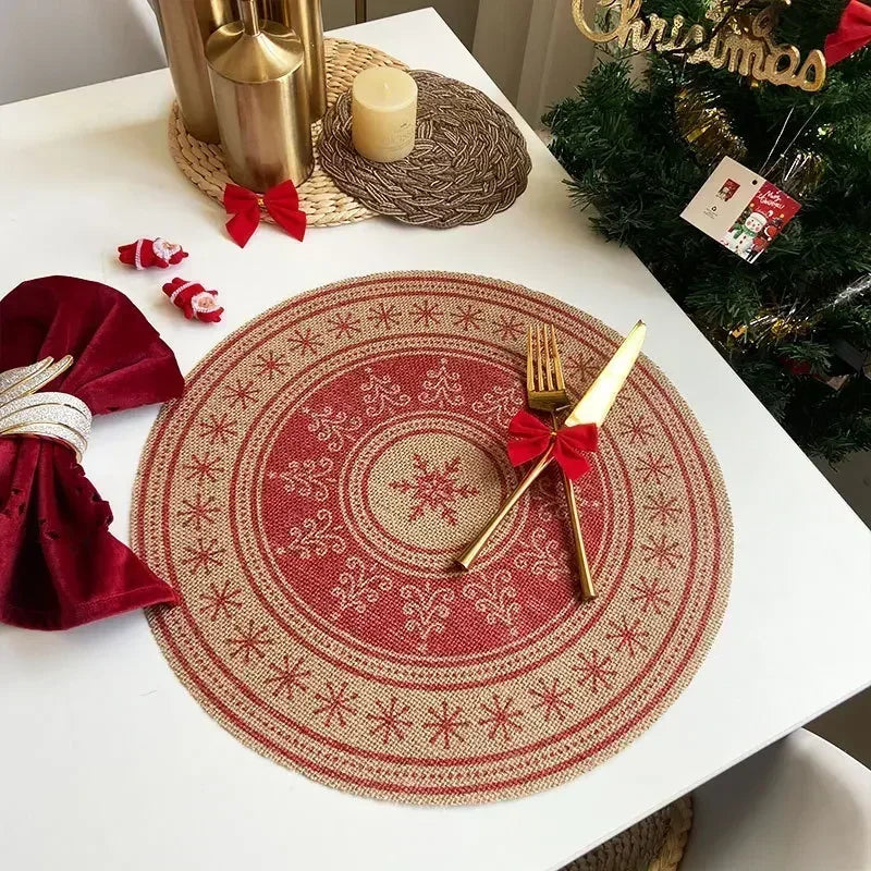Jute Table Mats Christmas Woven Placemat Ins Printed Hairball Thermal Insulation Mat Retro Cotton and Linen Decorative Mat