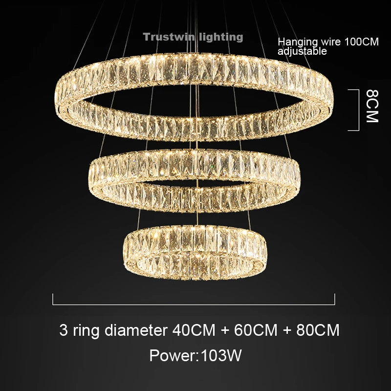 Round Crystal Chandelier Light LED Indoor Modern 40 60 80 100CM Circular Ring Hanging Lamp for Living Dinning Room Bedroom