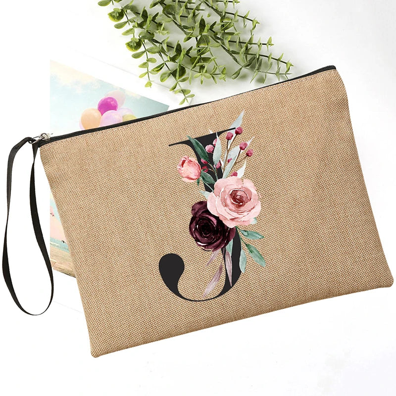 Letter Font Clutch Custom Name Letter Flower Combination Linen Lipstick Bag Travel Organizer Case Simple Wristlet Clutch Bag