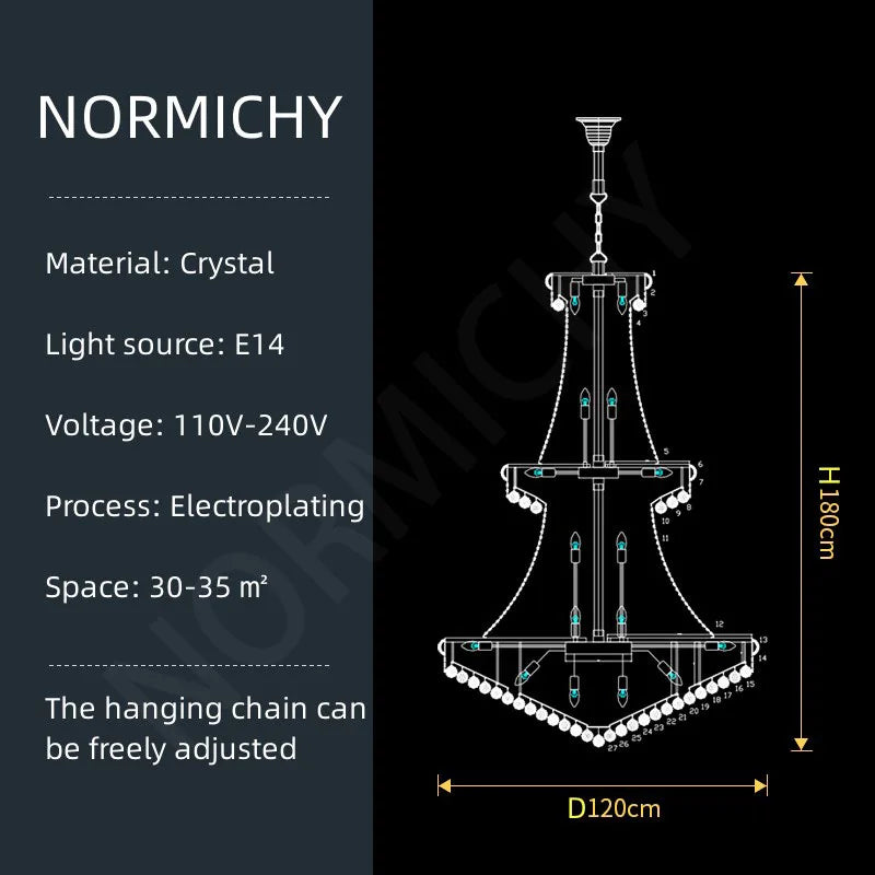 Luxury Living Room Crystal Chandelier Staircase European-Style Large Chrome Chandelier Hotel Lobby Villa High Ceiling Lighting