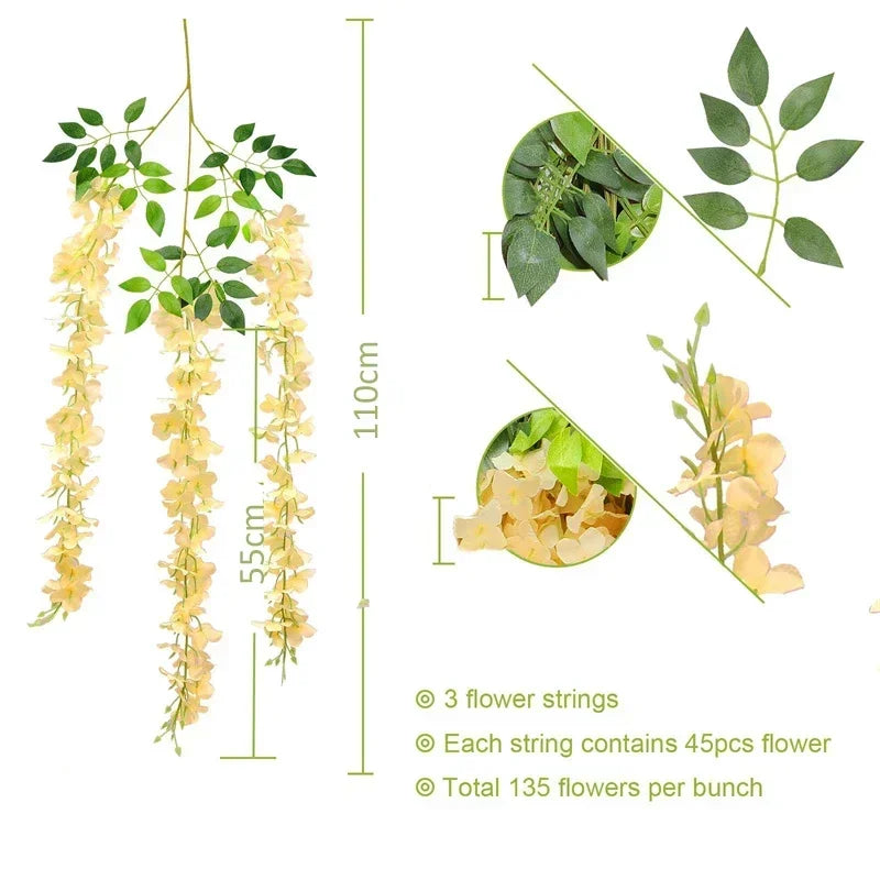 Wisteria Vine Artificial Flowers Wholesale 110cm Trailing Fake Flower String for Home Wedding Party Decor Silk Wisteria Garland