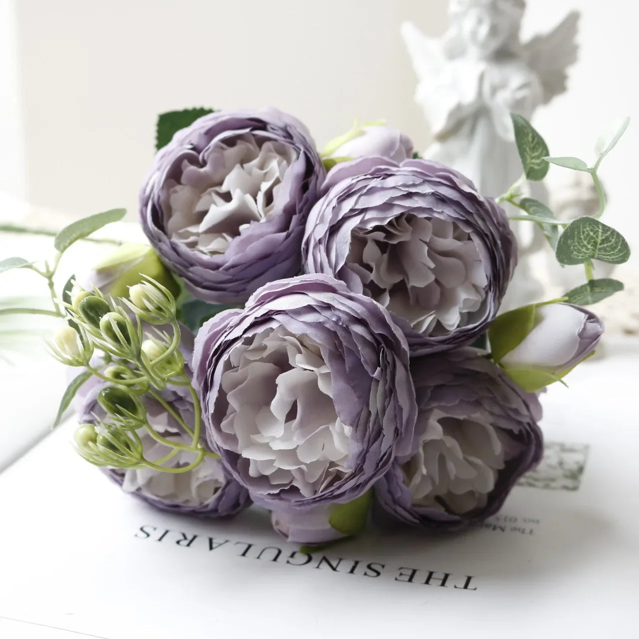30cm Rose White Peony Artificial Flowers Bouquet 5 Big Head and 4 Bud Cheap Fake Flowers for Home Wedding Decoration Indoor