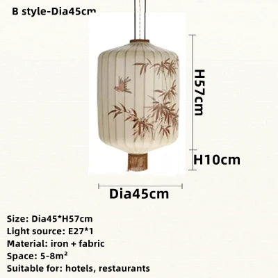 New Chinese Fabric Lantern Lamp For Restaurant Living Room Retro Hotel Homestay Balcony Hand Drawn Pattern Chandelier Free Bulb