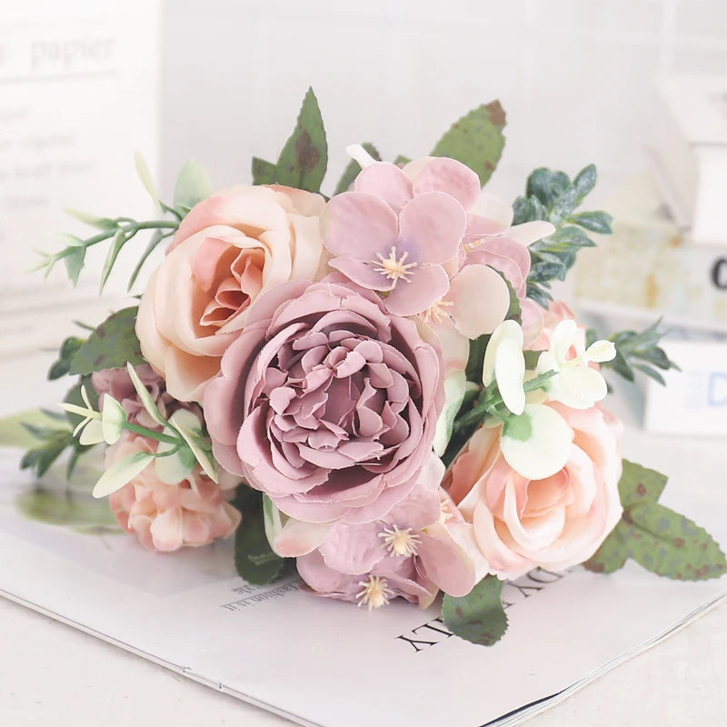 7 Heads Silk Peony Artificial Flower Hydrangea For Room Home Decoration Wedding Bride Bouquet Rose False Table Plant Accessories