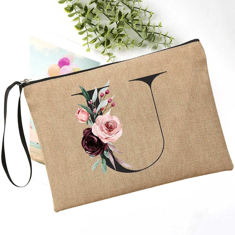Letter Font Clutch Custom Name Letter Flower Combination Linen Lipstick Bag Travel Organizer Case Simple Wristlet Clutch Bag
