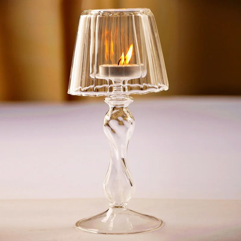 European Style Glass Desk Lamp Shaped Candle Holder High Legged Striped Candle Holder Wedding Home Creative Decoration