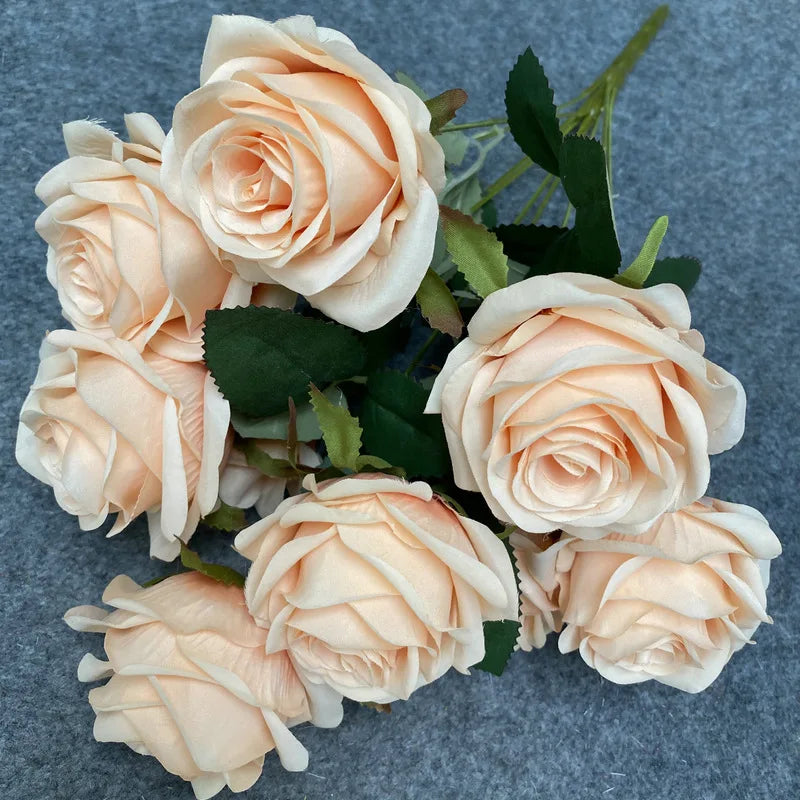 9Head Artificial Pink Rose Bouquet Flower Wedding Bridal Photography Props Home Garden Decoration Simulation Silk Rose Bouquet