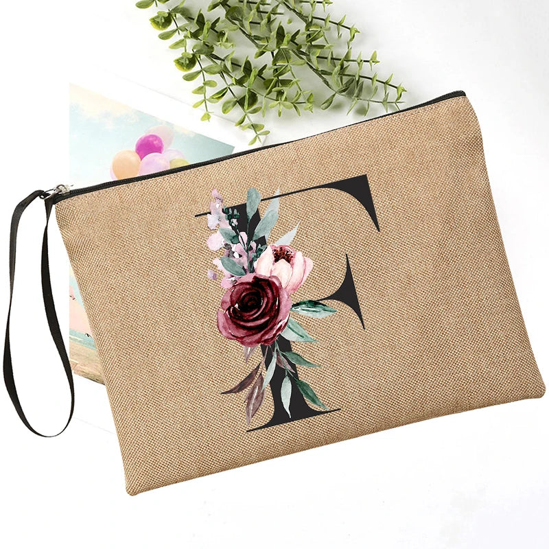 Letter Font Clutch Custom Name Letter Flower Combination Linen Lipstick Bag Travel Organizer Case Simple Wristlet Clutch Bag