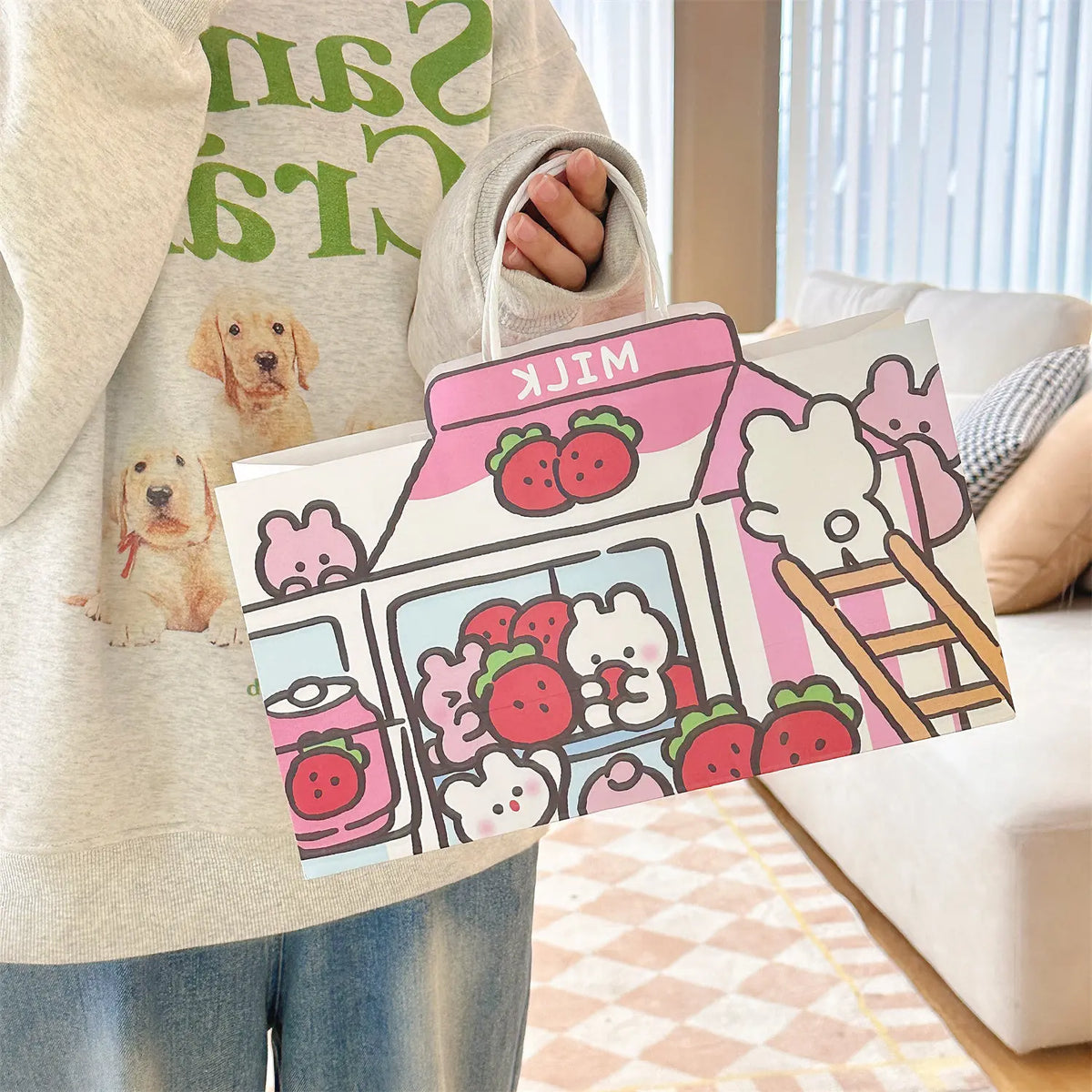 Cute Rabbit Strawberry Milk Dessert Balloon Shop Pattern Paper Bag Handbag Shopping Bag Gift Bag Jewelry Storage Organizer New