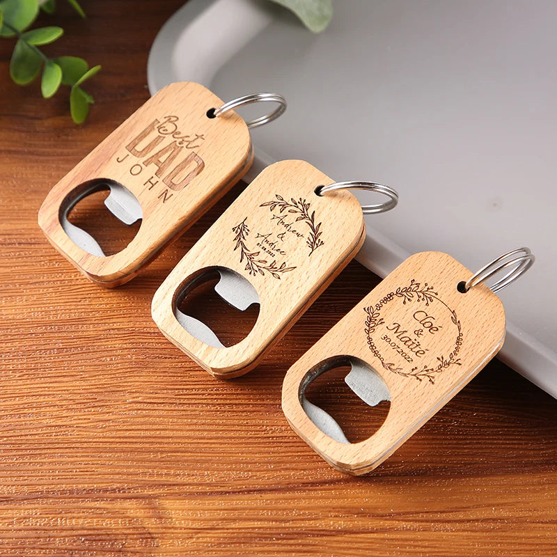 Custom Engraved wedding names Wood Opener KeyChain gift  Bottle Opener Friend Fathers Day Birthday Gift Best Man Present