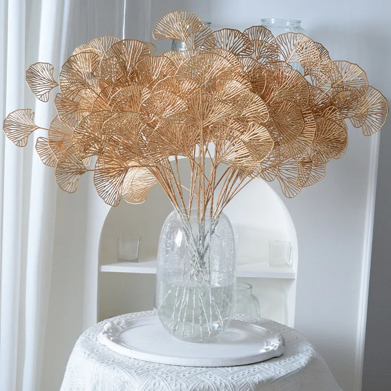 1/2/5pcs Three-pronged Fan Leaf Netting Artificial Gold Ginkgo Eucalyptus Holly For Wedding Arch Flower Arrangement Home Decor