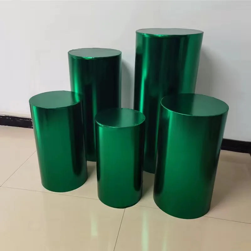 Metallic Gold and Silver Pink Red BLue White Shiny Fabric Stretch Cloth Elastic Pedestal Cylinder Table Covers Party Decoration