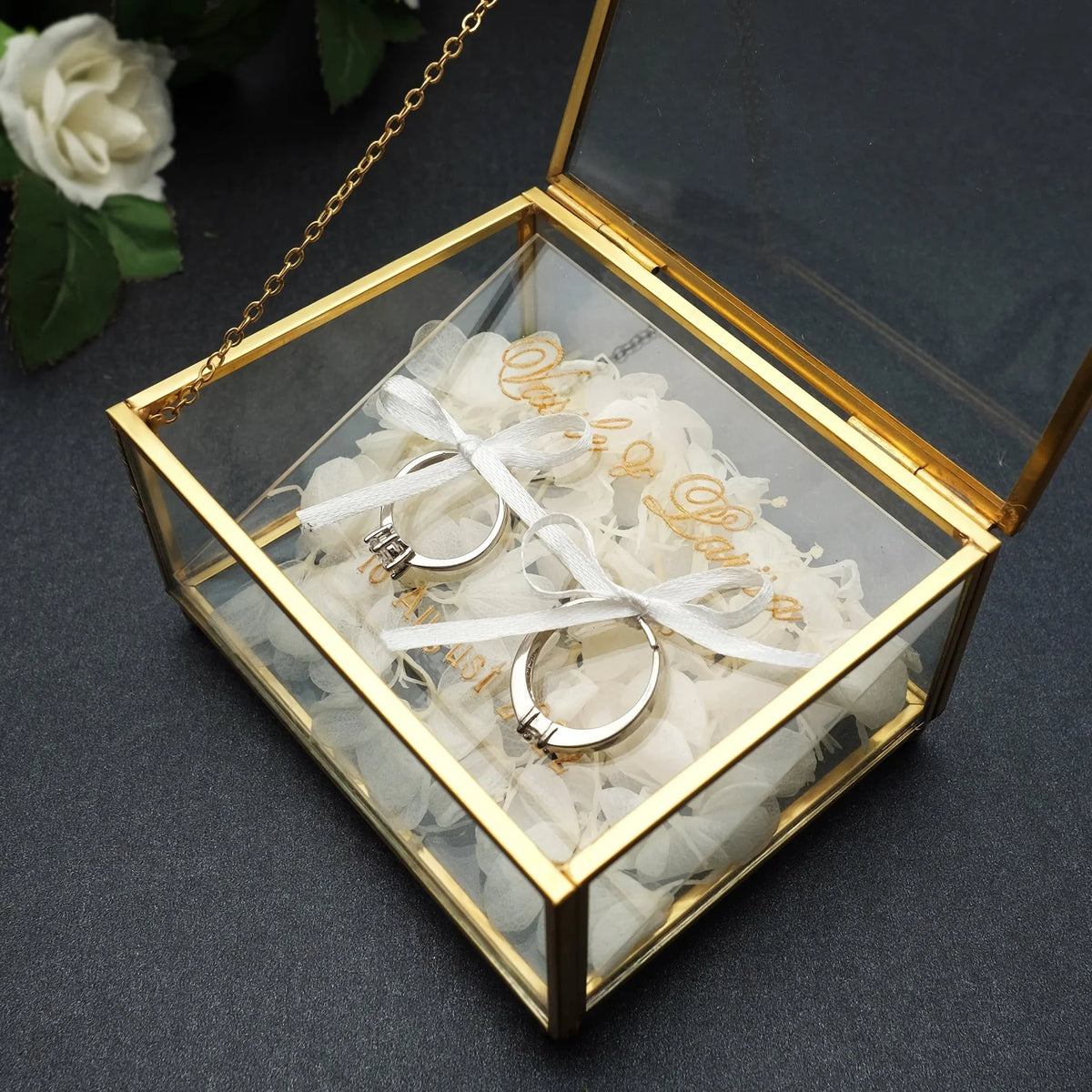 Personalized Glass Ring Box Custom Wedding Ring Holder Engagement Gold Glass Jewelry Storage Box Customized Your Names and Date