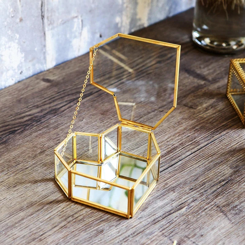 Custom Hexagonal Glass Ring Box Wedding Engagement Valentines Decoration Mr and Mrs Ring Bearer Storage Box for Ceremony