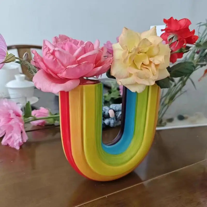Modern Simple U Shape Vase Creative Rainbow Dried Flower Vase Modern Aesthetic Ornaments Resin Flowerpot For Office Home Decor