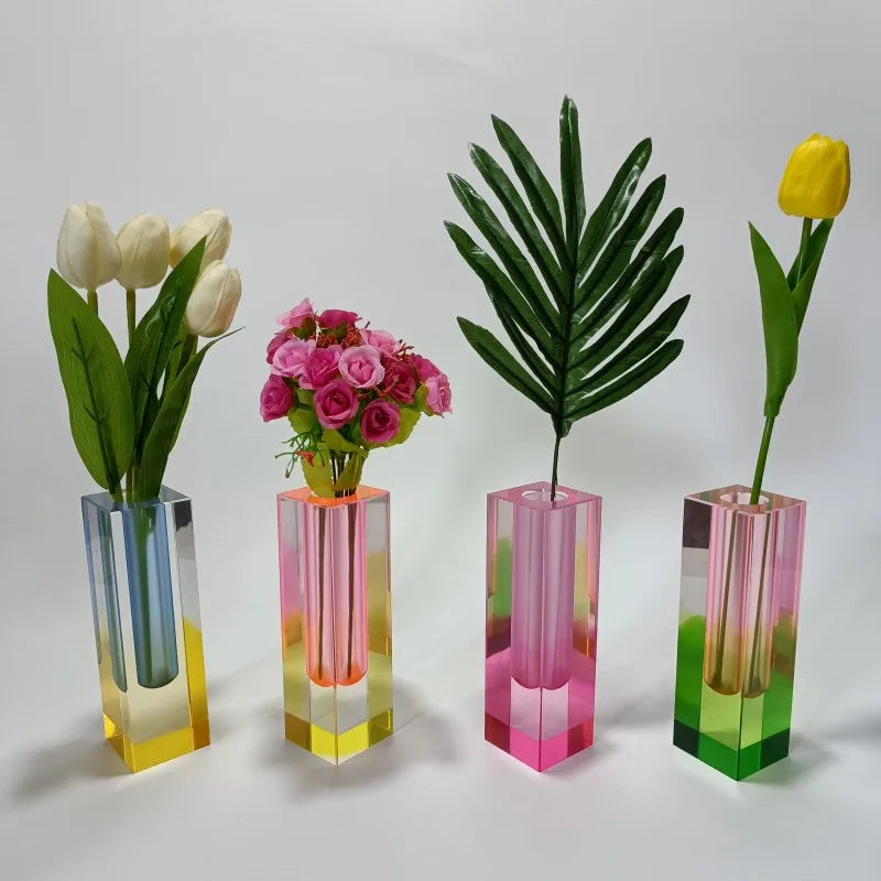 Modern Rainbow Pillar Bud Vase Tabletop Glass Vases Luxury Decorative Acrylic Crystal Nordic Room Decoration Home