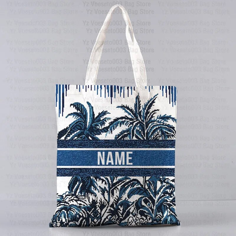 Personalized Custom Name Motto Text Bag Women's Canvas Tote Shopping Beach Travel Bags Square Big Large Book Bags Handbags