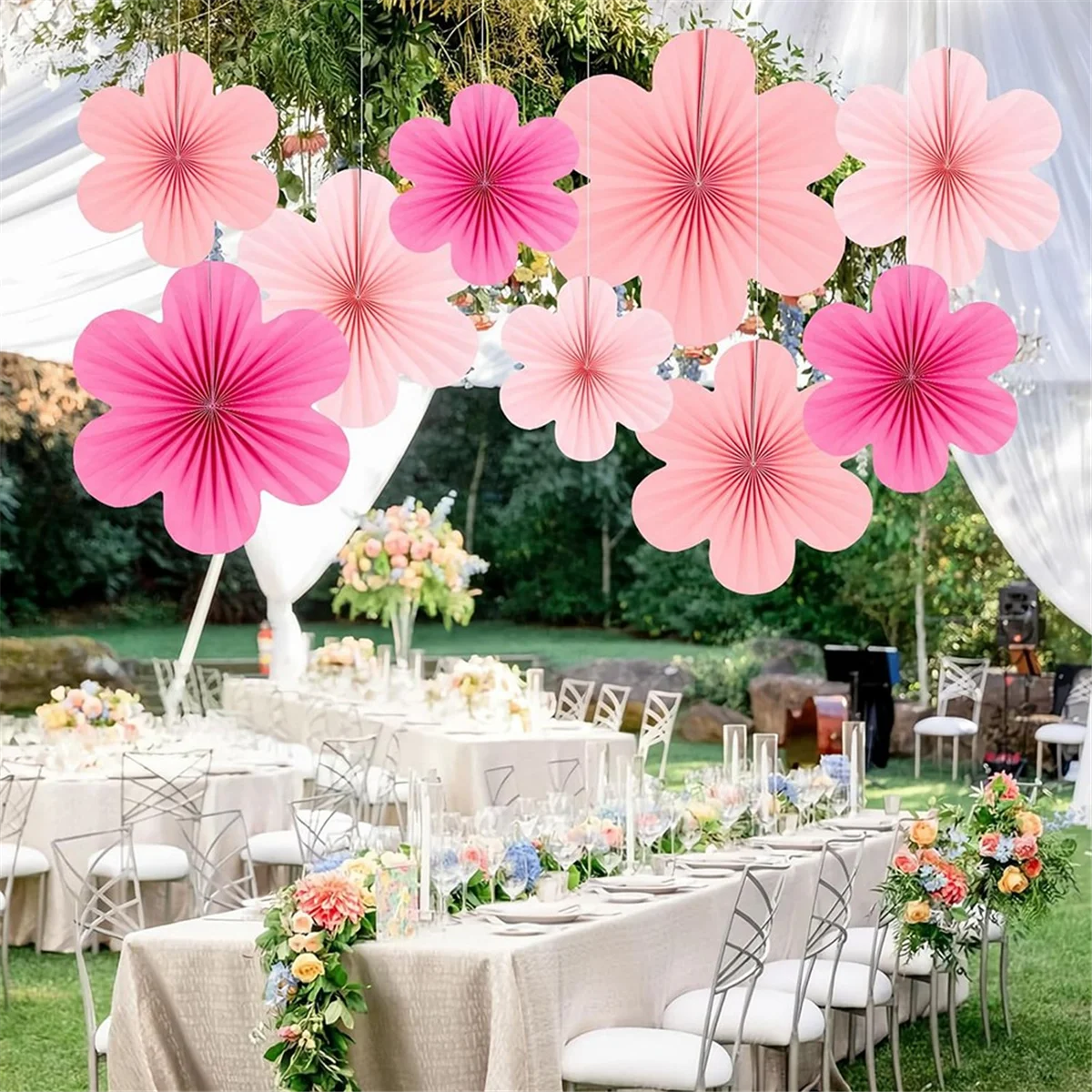 Pink Paper Fan Flower Set Party Decorations Paper Fans, Floral Pom Poms, and Garlands for Weddings, Birthdays