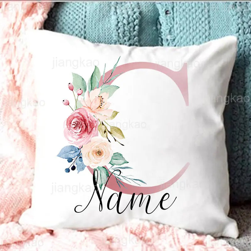 Personalised Pillow Cases Custom Initial Flower with Name Cushion Cover Decortion Pillowcase Housewarming Birthday Wedding Gifts