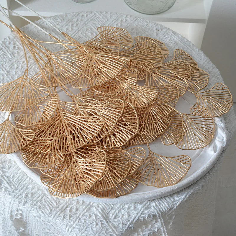 1/2/5pcs Three-pronged Fan Leaf Netting Artificial Gold Ginkgo Eucalyptus Holly For Wedding Arch Flower Arrangement Home Decor