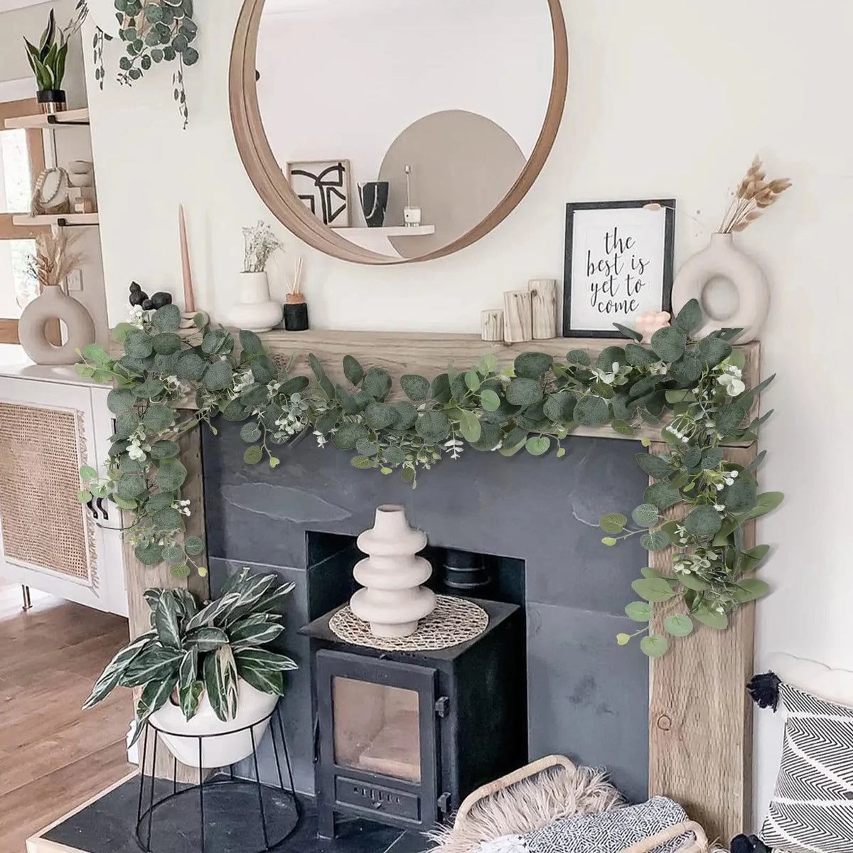 1pc Artificial Eucalyptus Leaves Greenery Garland Faux Plant Spring Vines with White Flowers Berries for Wedding Home Party Deco