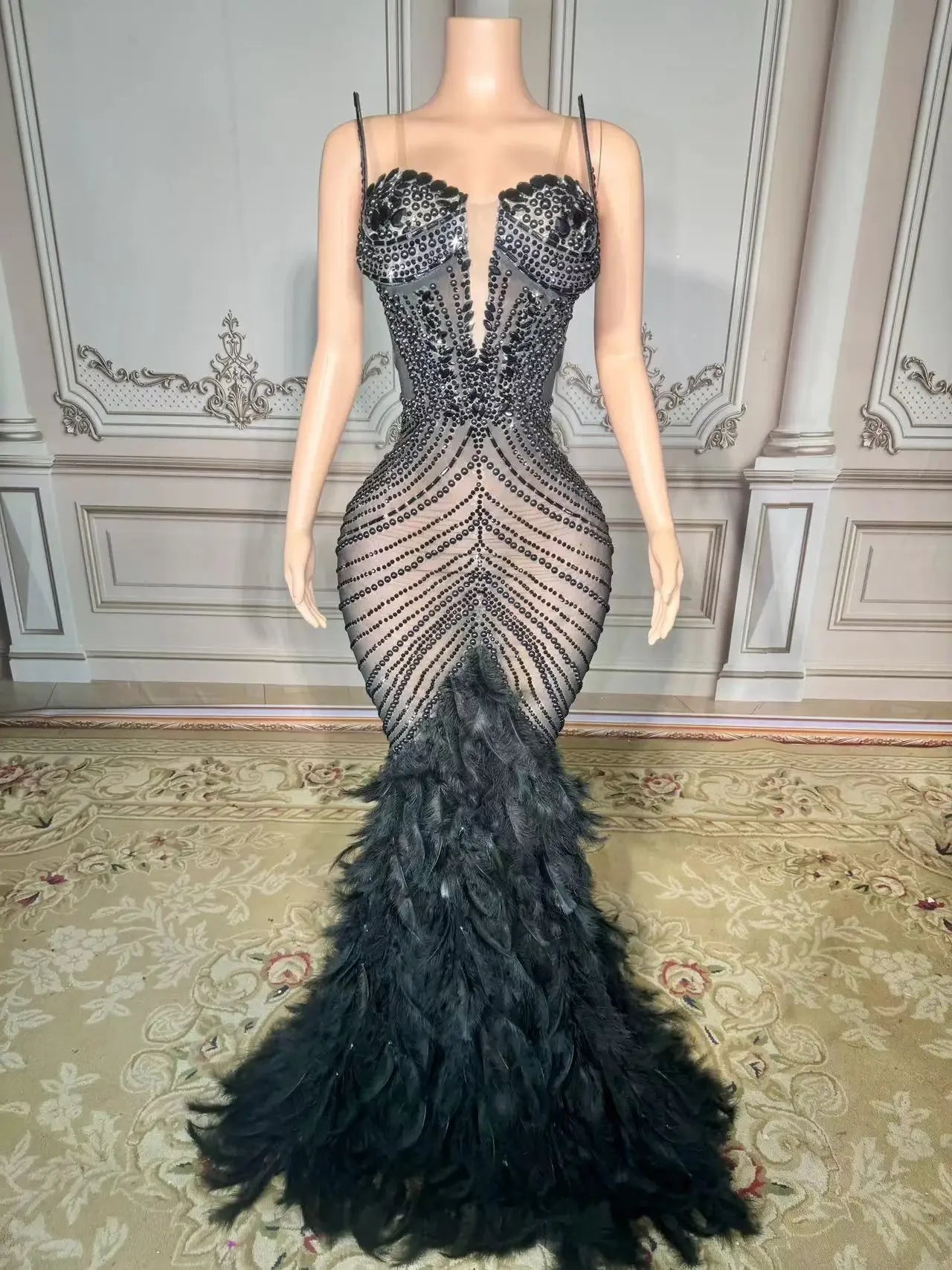 New Sparkly Rhinestones Pearls Floor-length Feathers Dress Women Birthday Celebrate Wedding Evening Prom Dress Photo Shoot Wear