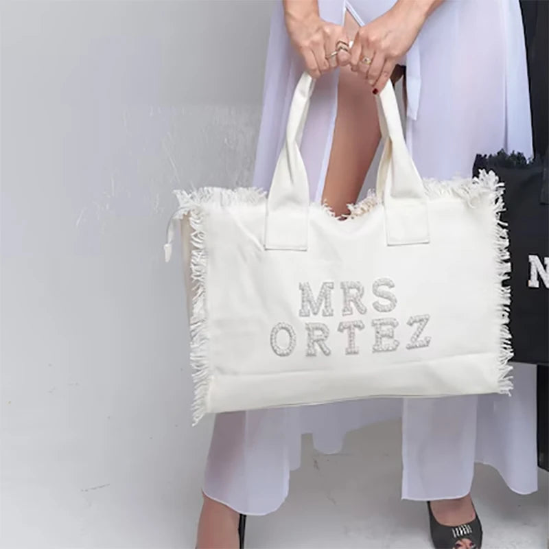 Custom Personalised Mrs tote Bag Bridal Shower destination Wedding Bachelorette hen do Party Honeymoon Travel Bride to be Gift