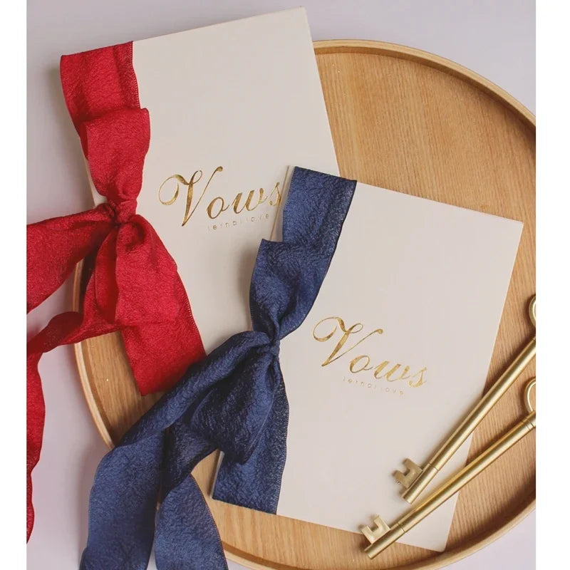 2Pcs/Set Romantic Wedding Favors Bride And Groom Vows Card with  Chiffon Ribbons Gold Pen Book His & Her Photo Props Vow Gift