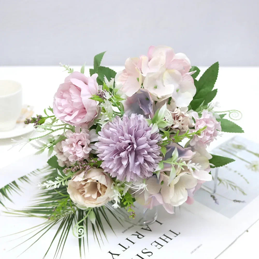 7 Heads Hydrangea Flowers Artificial Bouquet Silk Blooming Fake Peony Bridal Hand Flower Roses Wedding Centerpieces Decor