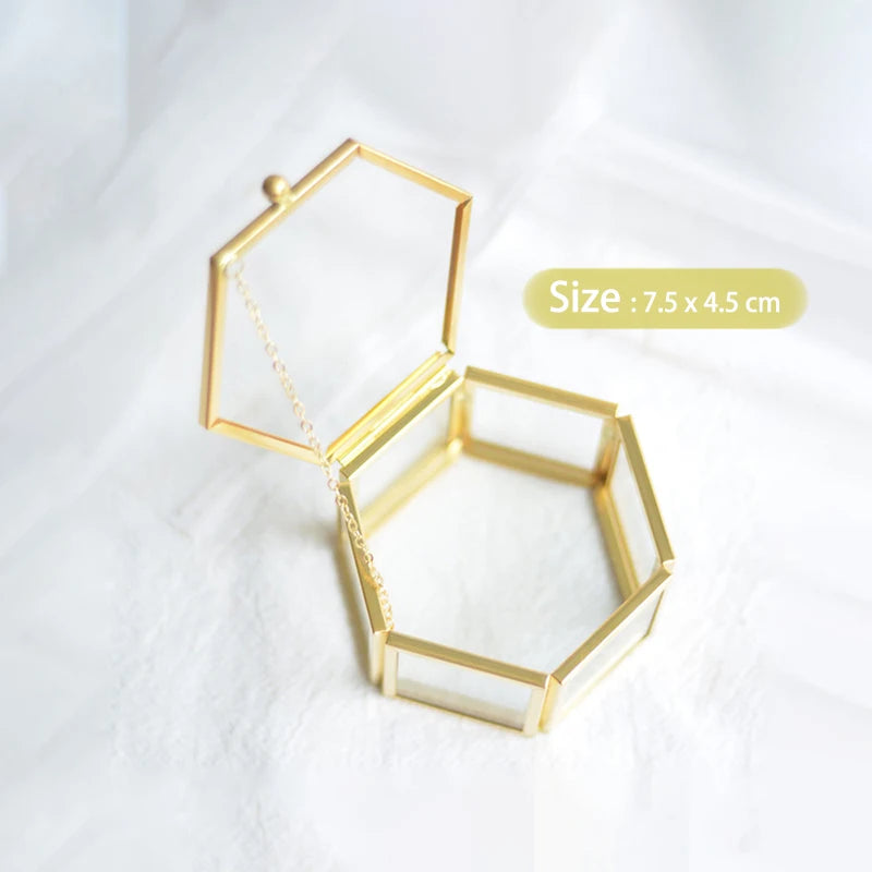Custom Glass Ring Box Wedding Engagement Decor Gold Hexagon/Rectangle Ring Box Jewelry Storage Ring Bearer Box DIY Gift