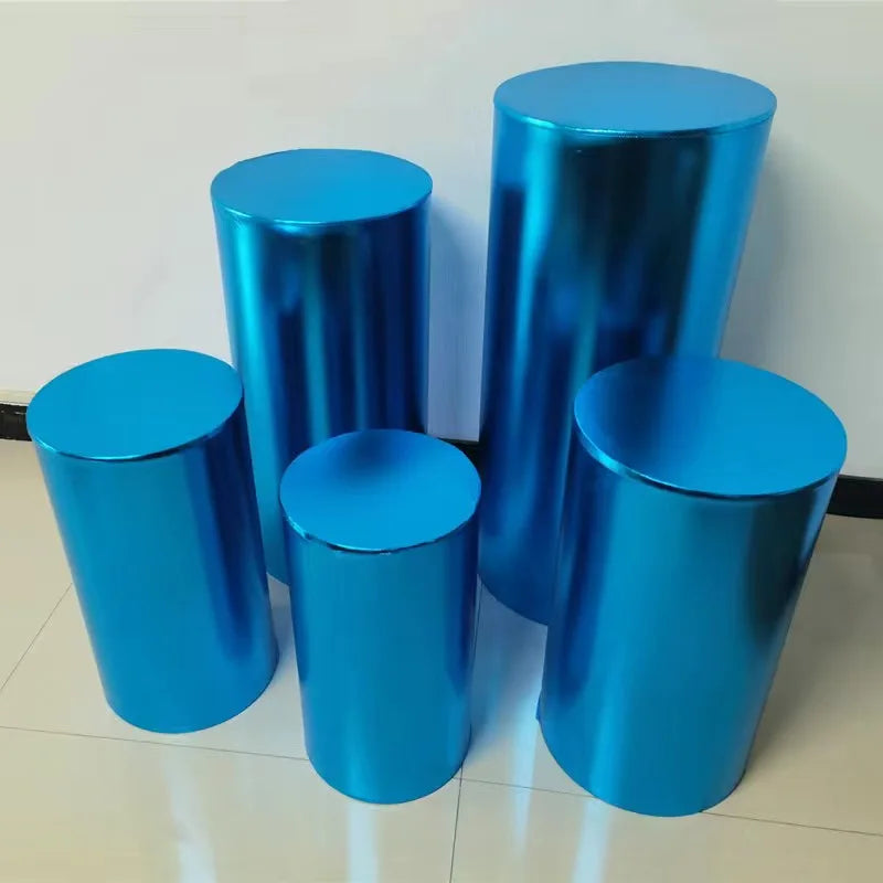 Metallic Gold and Silver Pink Red BLue White Shiny Fabric Stretch Cloth Elastic Pedestal Cylinder Table Covers Party Decoration