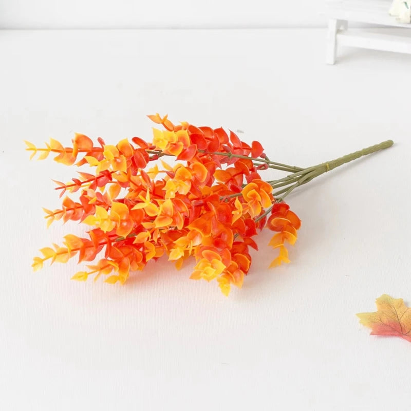 Autumn Artificial Flowers Bouquet Orange Fake Eucalyptus Plant for Home Room Decor Garden Wedding Halloween Christmas Decoration
