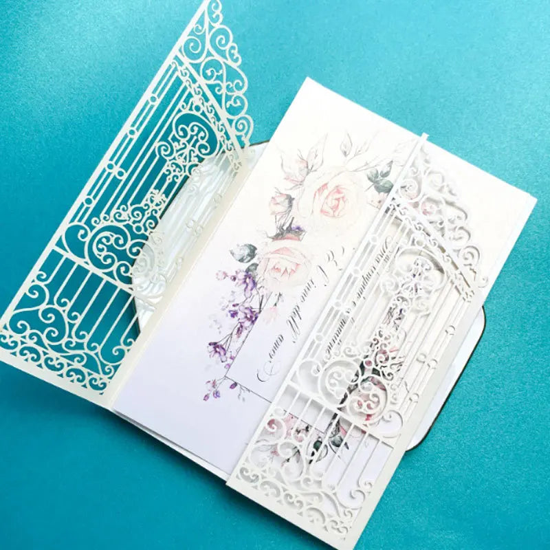 10 Pieces Laser Cut Wedding Gate Love Door Invitation Card Black Pink Gold Engagement Party Greeting Invitations IC165