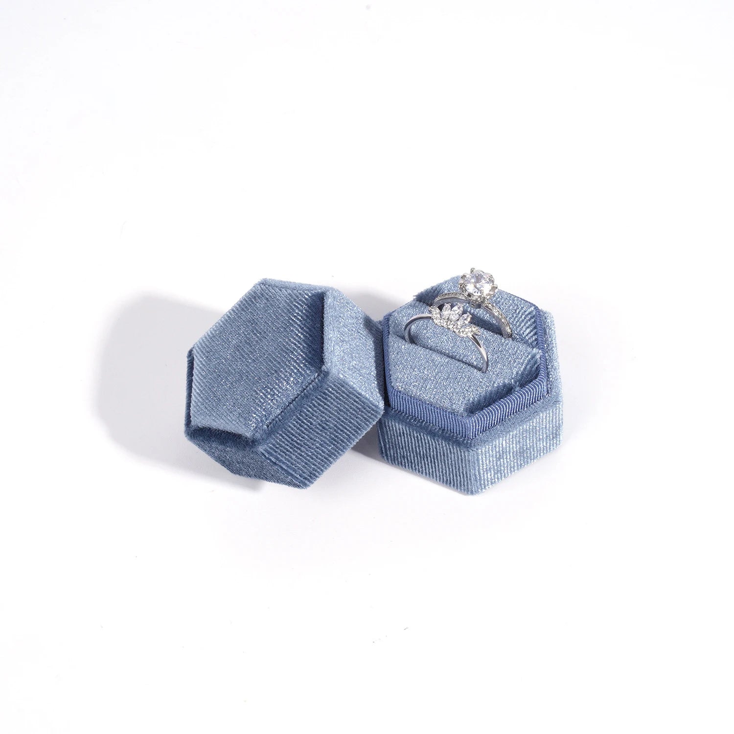 Vintage Hexagon Velvet Jewelry Double Ring Box Empty Case Holder for Engagement Wedding Ceremony Valentines Day Gift Organizer