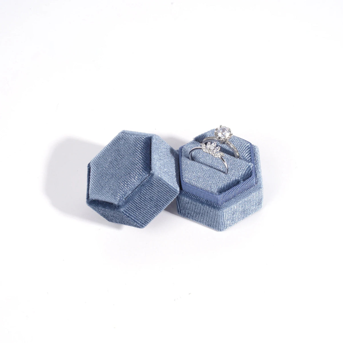 Vintage Hexagon Velvet Jewelry Double Ring Box Empty Case Holder for Engagement Wedding Ceremony Valentines Day Gift Organizer