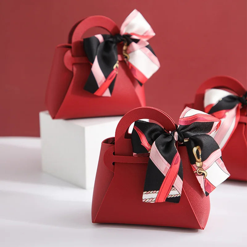 1PCS Leather Gift Bags Bow Ribbon Packaging Bag Wedding Favour Distributions Bags Eid Mubarak Candy Packaging Box Mini Handbag