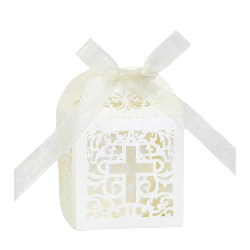 20/30/50PCS Cross Carriage Laser Cut Candy Boxes Wedding Favors Gifts Box Communion Christening Easter Baby Shower Party Decor