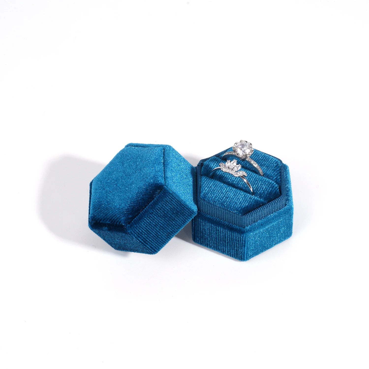 Vintage Hexagon Velvet Jewelry Double Ring Box Empty Case Holder for Engagement Wedding Ceremony Valentines Day Gift Organizer