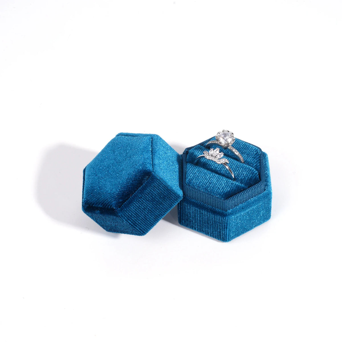 Vintage Hexagon Velvet Jewelry Double Ring Box Empty Case Holder for Engagement Wedding Ceremony Valentines Day Gift Organizer