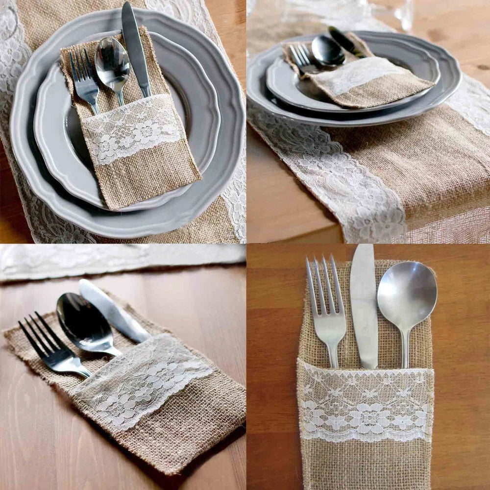 50Pcs Burlap Lace Cutlery Pouch Wedding Tableware Party Supplies Holder Bag Hessian Rustic Jute Table Decoration Accessories