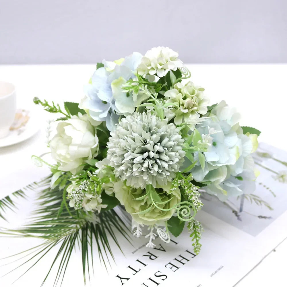 7 Heads Hydrangea Flowers Artificial Bouquet Silk Blooming Fake Peony Bridal Hand Flower Roses Wedding Centerpieces Decor