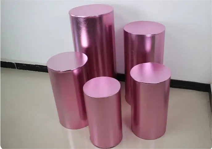 Metallic Gold and Silver Pink Red BLue White Shiny Fabric Stretch Cloth Elastic Pedestal Cylinder Table Covers Party Decoration