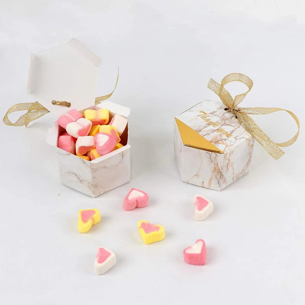 50PCS Small Party Gift oxes wedding favors Boxes , Marble Mini Thank You Boxes with glitter gold Bow ribbon