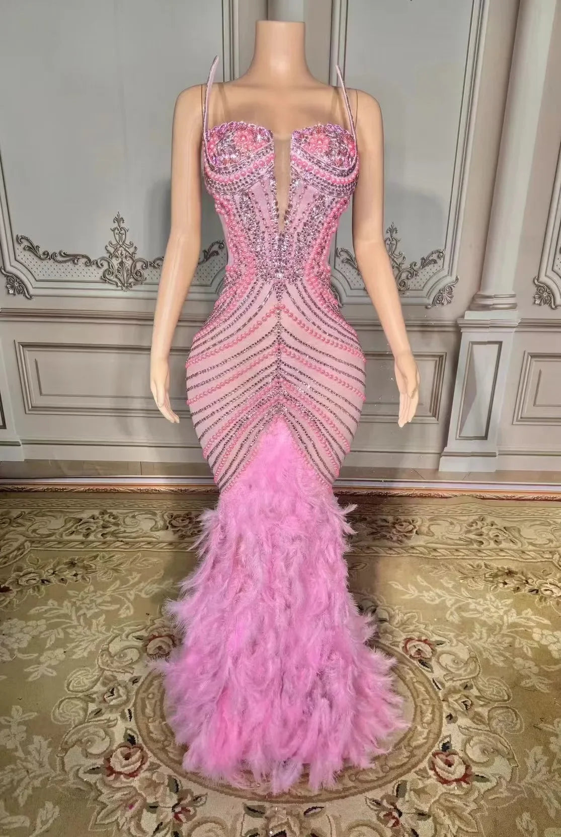 New Sparkly Rhinestones Pearls Floor-length Feathers Dress Women Birthday Celebrate Wedding Evening Prom Dress Photo Shoot Wear