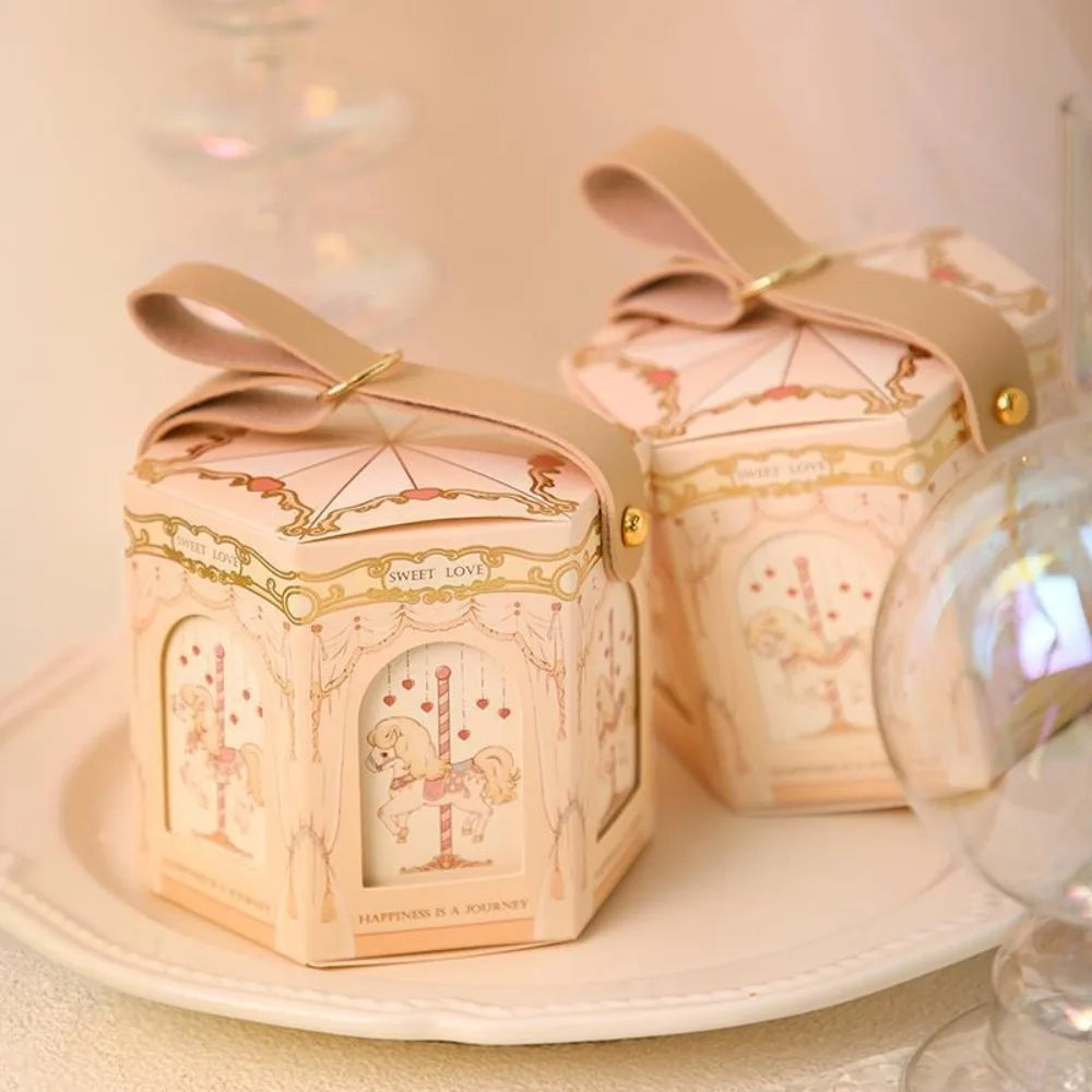 Wedding Carousel Gift Box Decoration Leather Handle Birthday Wedding with Hand Gift Paper Handheld Gift Bag